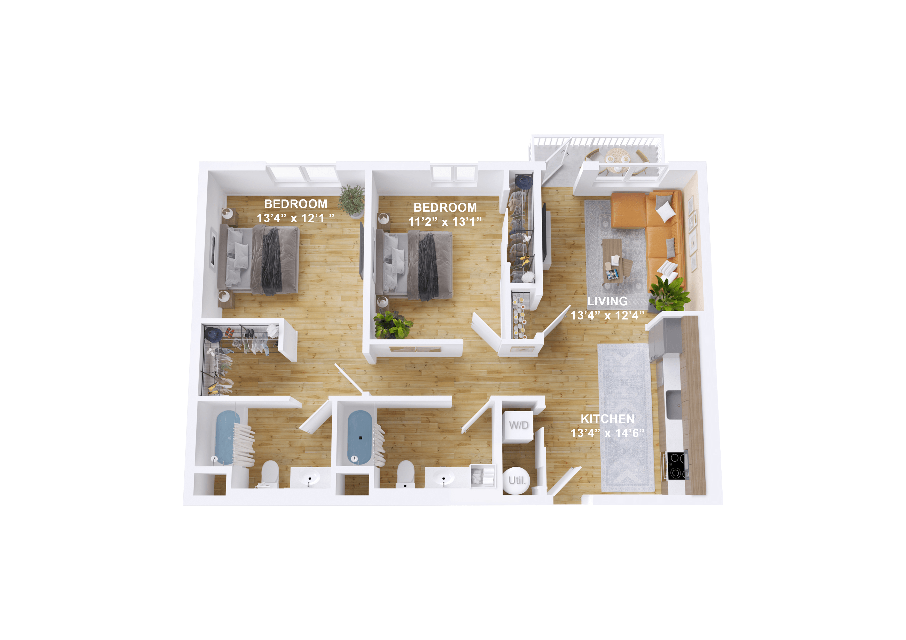 Floor plan for 2 beds, 2 baths, 1020 sqft